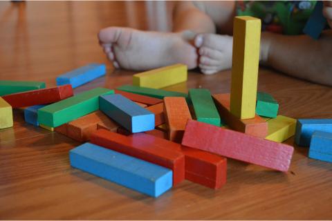 Some wooden blocks. The French for "some wooden blocks" is "des blocs en bois".