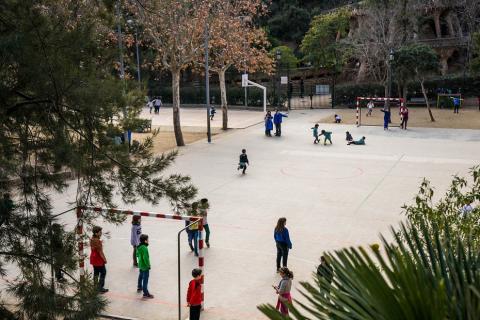 The schoolyard. The French for "the schoolyard" is "la cour d’école".