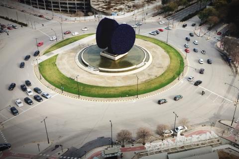 Roundabout; traffic circle. The French for "roundabout; traffic circle" is "rond-point".