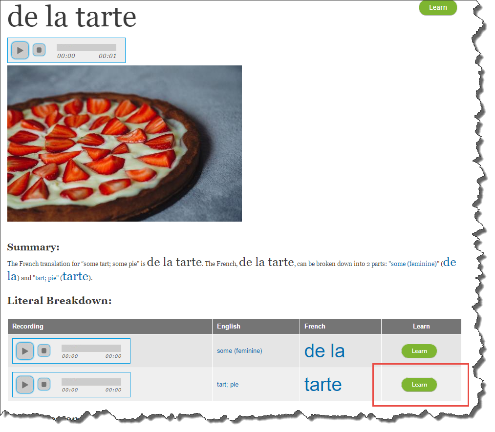 "de la tarte" with all breakdown items having "Learn" button