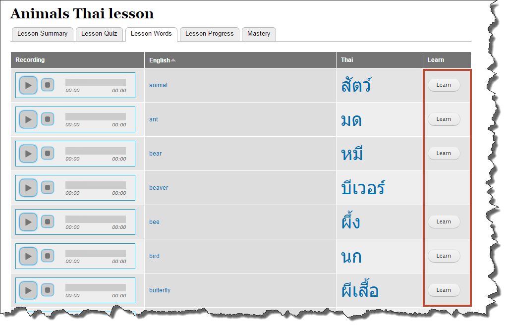 "Learn" button next to words in Animals lesson