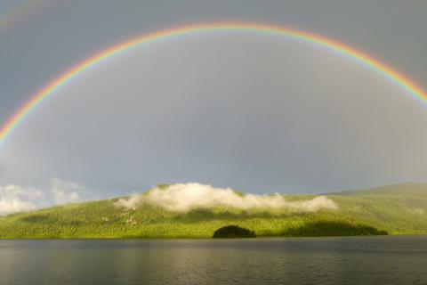 Rainbow (in the sky). The Thai for "rainbow (in the sky)" is "รุ้งกินน้ำ".