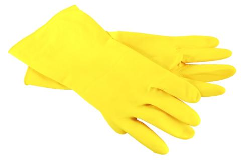 A pair of yellow rubber gloves. The Thai for "a pair of yellow rubber gloves" is "ถุงมือยางสีเหลืองหนึ่งคู่".