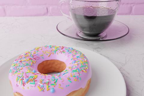 A cup of coffee and a donut. The Thai for "a cup of coffee and a donut" is "กาแฟและโดนัท".
