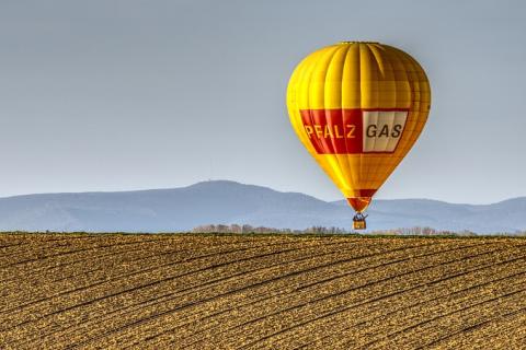 A yellow hot-air balloon. The Thai for "a yellow hot-air balloon" is "บอลลูนสีเหลือง".