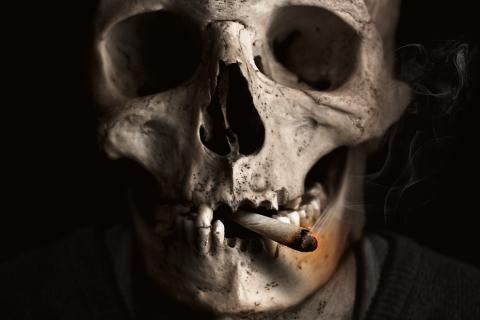 A skull and a cigarette. The Thai for "a skull and a cigarette" is "กะโหลกและบุหรี่".