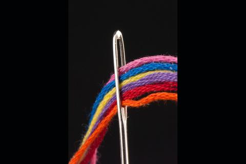 A needle and six colors of thread. The Thai for "a needle and six colors of thread" is "เข็มและด้ายหกสี".