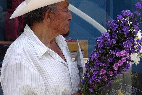 An old man with a bouquet of flowers. The Thai for "an old man with a bouquet of flowers" is "ชายชรากับช่อดอกไม้".