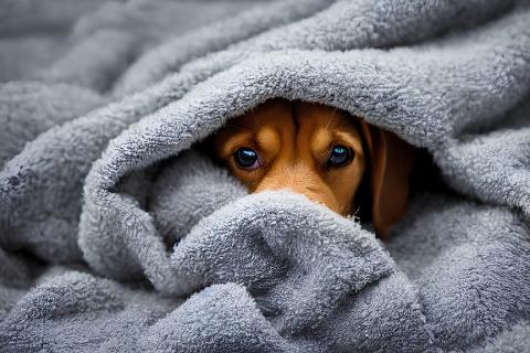 A dog under a grey blanket. The Thai for "a dog under a grey blanket" is "สุนัขใต้ผ้าห่มสีเทา".