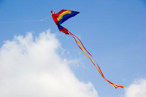 A bird kite in the sky. The Thai for "a bird kite in the sky" is "ว่าวรูปนกบนท้องฟ้า".