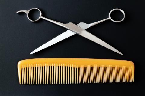 A pair of scissors with a comb. The Thai for "a pair of scissors with a comb" is "กรรไกรกับหวี".