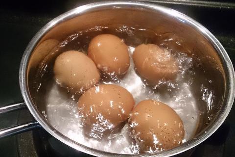 Five hard-boiled eggs in a pot. The Thai for "five hard-boiled eggs in a pot" is "ไข่ต้มห้าใบในหม้อ".