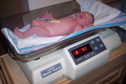 A baby on some weighing scales. The Thai for "a baby on some weighing scales" is "ทารกบนเครื่องชั่ง".