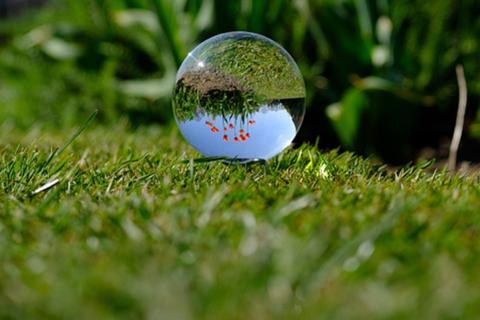 A crystal ball on the grass. The Thai for "a crystal ball on the grass" is "ลูกแก้วบนสนามหญ้า".