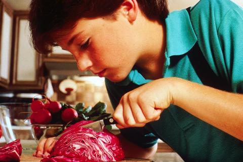A boy slicing a cabbage. The Thai for "a boy slicing a cabbage" is "เด็กผู้ชายหั่นกะหล่ำปลี".