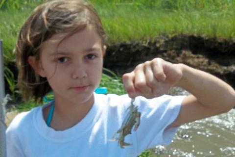 A girl with a little crab. The Thai for "a girl with a little crab" is "เด็กผู้หญิงกับปูตัวเล็ก".