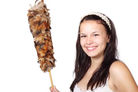 A woman with a feather duster. The Thai for "a woman with a feather duster" is "ผู้หญิงกับไม้ปัดฝุ่น".